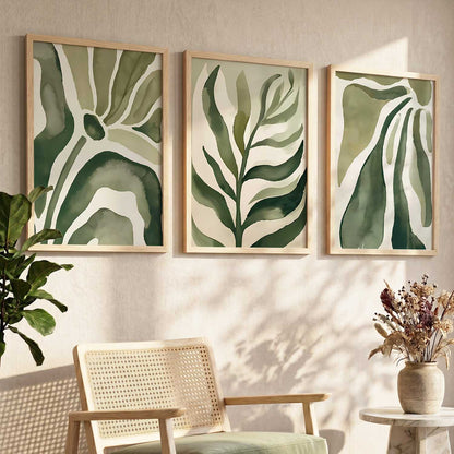 Green White Floral Wall Art Set of 3 Framed Prints