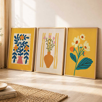 Sunny Yellow Stylized Floral Wall Art Set of 3 Framed Prints