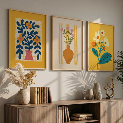 Sunny Yellow Stylized Floral Wall Art Set of 3 Framed Prints
