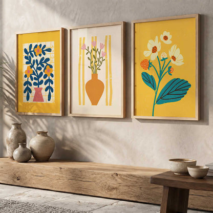 Sunny Yellow Stylized Floral Wall Art Set of 3 Framed Prints