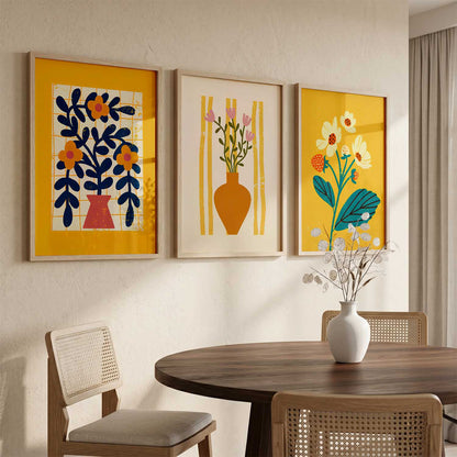 Sunny Yellow Stylized Floral Wall Art Set of 3 Framed Prints