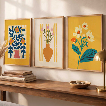 Sunny Yellow Stylized Floral Wall Art Set of 3 Framed Prints