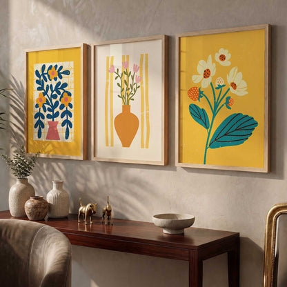 Sunny Yellow Stylized Floral Wall Art Set of 3 Framed Prints