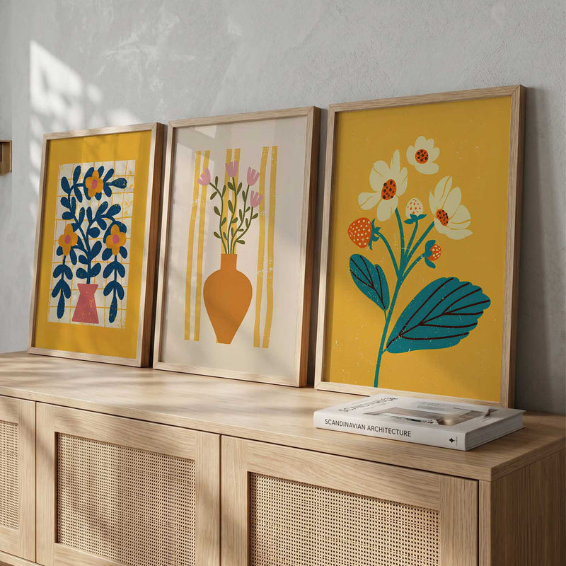 Sunny Yellow Stylized Floral Wall Art Set of 3 Framed Prints