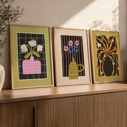 Green Pink Mustard Graphic Floral Wall Art Set of 3 Framed Prints