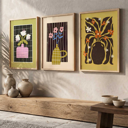 Green Pink Mustard Graphic Floral Wall Art Set of 3 Framed Prints