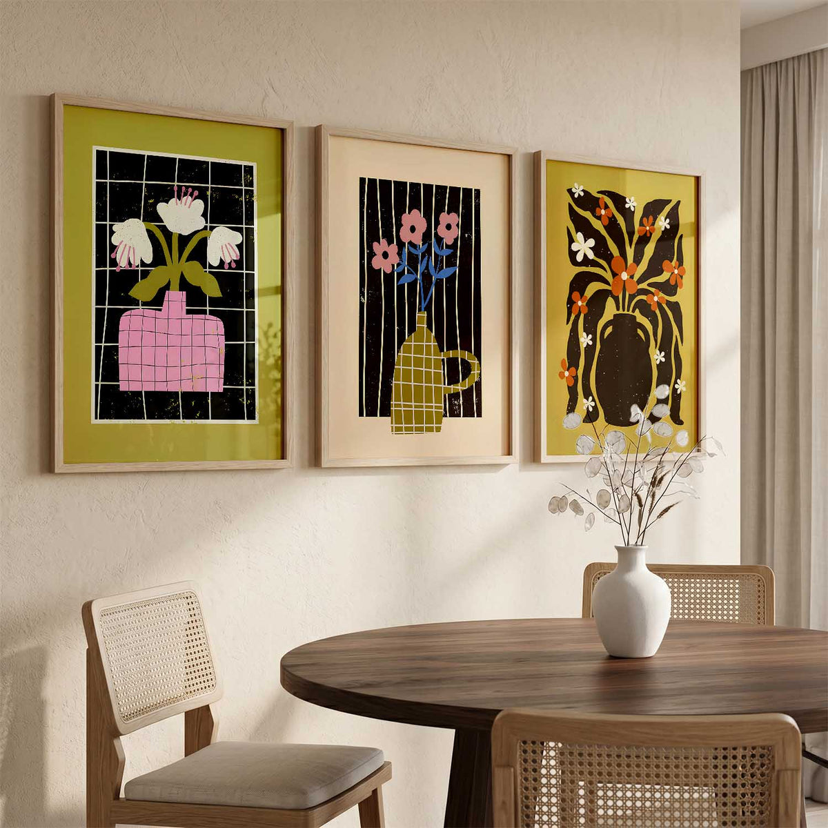 Green Pink Mustard Graphic Floral Wall Art Set of 3 Framed Prints