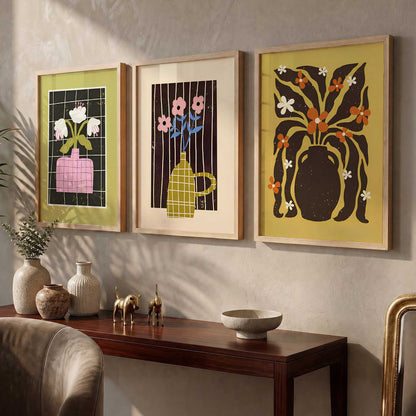 Green Pink Mustard Graphic Floral Wall Art Set of 3 Framed Prints