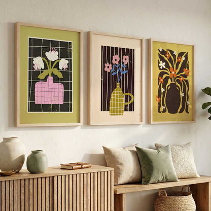Green Pink Mustard Graphic Floral Wall Art Set of 3 Framed Prints