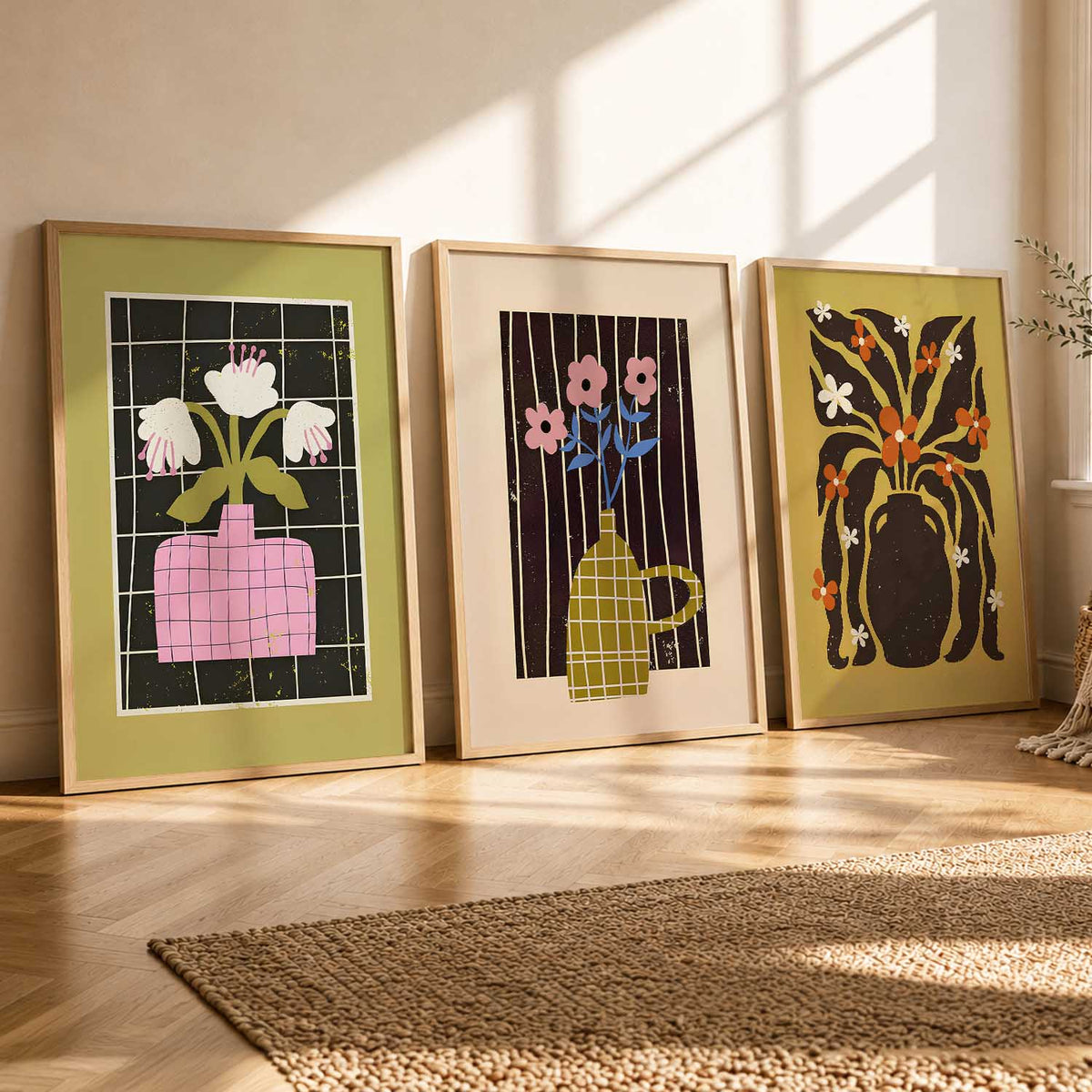 Green Pink Mustard Graphic Floral Wall Art Set of 3 Framed Prints