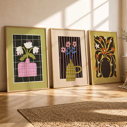 Green Pink Mustard Graphic Floral Wall Art Set of 3 Framed Prints