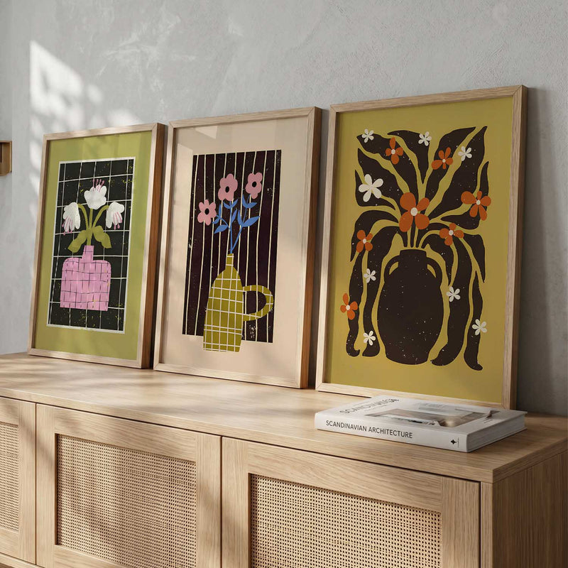 Green Pink Mustard Graphic Floral Wall Art Set of 3 Framed Prints