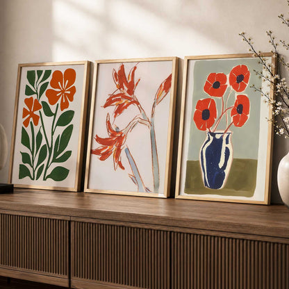 Orange Green Bloom Botanical Wall Art Set of 3 Framed Prints