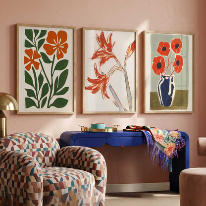 Orange Green Bloom Botanical Wall Art Set of 3 Framed Prints
