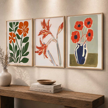 Orange Green Bloom Botanical Wall Art Set of 3 Framed Prints