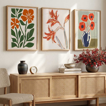 Orange Green Bloom Botanical Wall Art Set of 3 Framed Prints