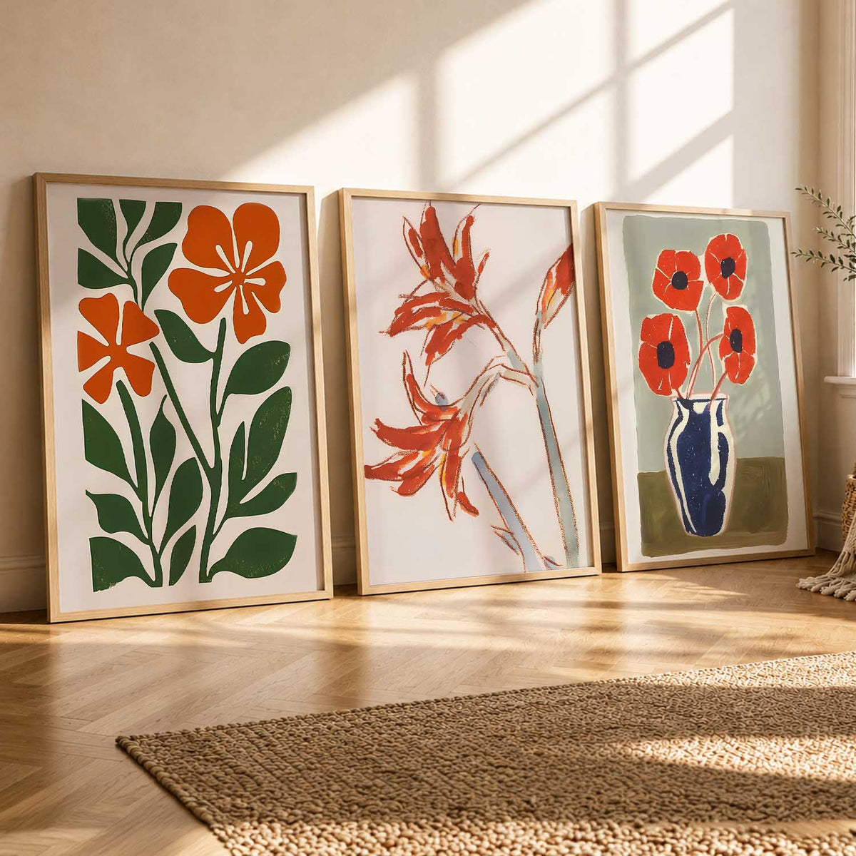 Orange Green Bloom Botanical Wall Art Set of 3 Framed Prints