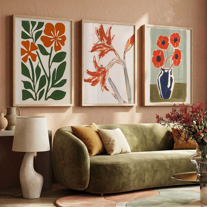 Orange Green Bloom Botanical Wall Art Set of 3 Framed Prints