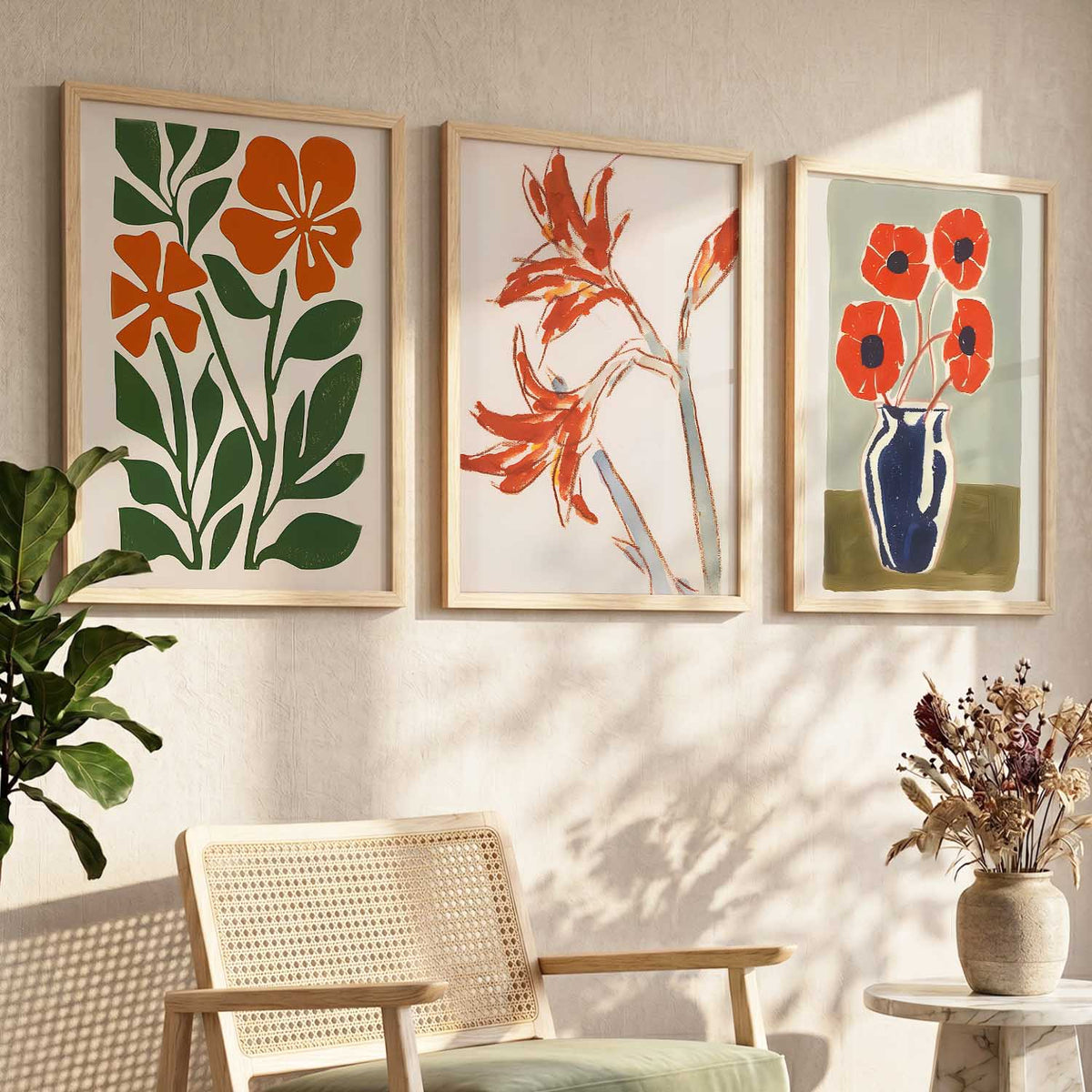 Orange Green Bloom Botanical Wall Art Set of 3 Framed Prints