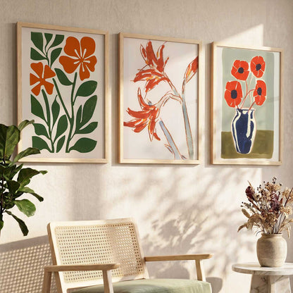 Orange Green Bloom Botanical Wall Art Set of 3 Framed Prints
