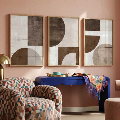 Brown Cream Geometric Abstract Boho Wall Art Set of 3 Framed Prints