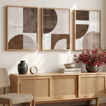 Brown Cream Geometric Abstract Boho Wall Art Set of 3 Framed Prints