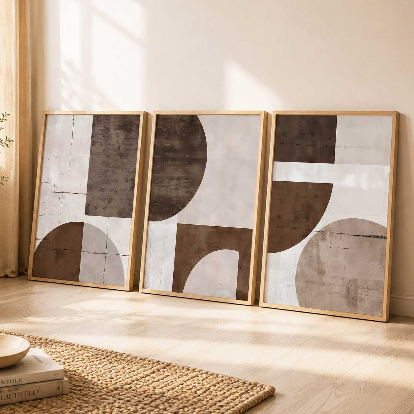 Brown Cream Geometric Abstract Boho Wall Art Set of 3 Framed Prints