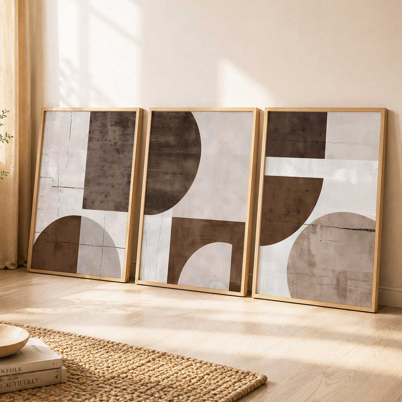 Brown Cream Geometric Abstract Boho Wall Art Set of 3 Framed Prints