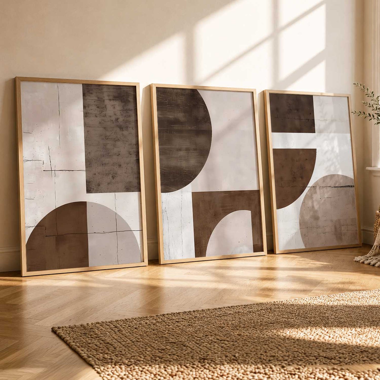 Brown Cream Geometric Abstract Boho Wall Art Set of 3 Framed Prints