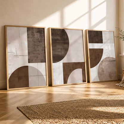 Brown Cream Geometric Abstract Boho Wall Art Set of 3 Framed Prints