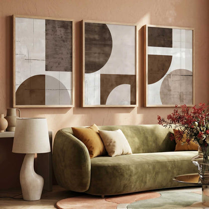Brown Cream Geometric Abstract Boho Wall Art Set of 3 Framed Prints