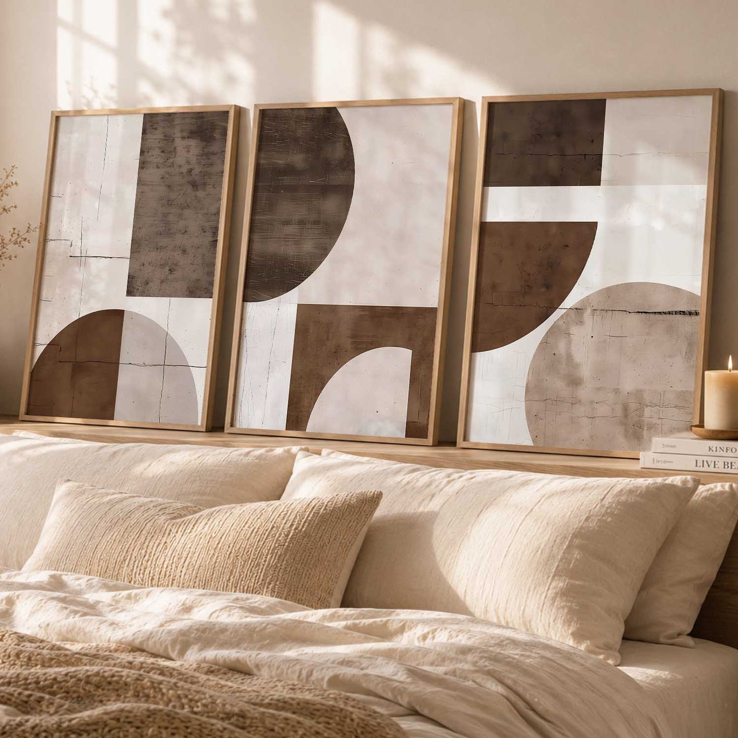 Brown Cream Geometric Abstract Boho Wall Art Set of 3 Framed Prints