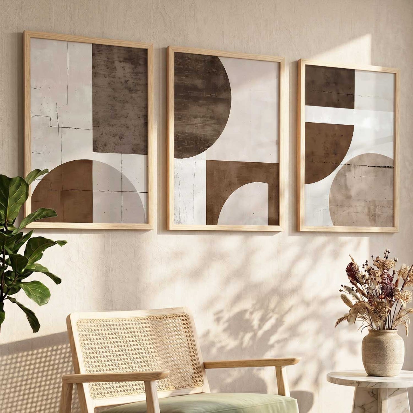Brown Cream Geometric Abstract Boho Wall Art Set of 3 Framed Prints