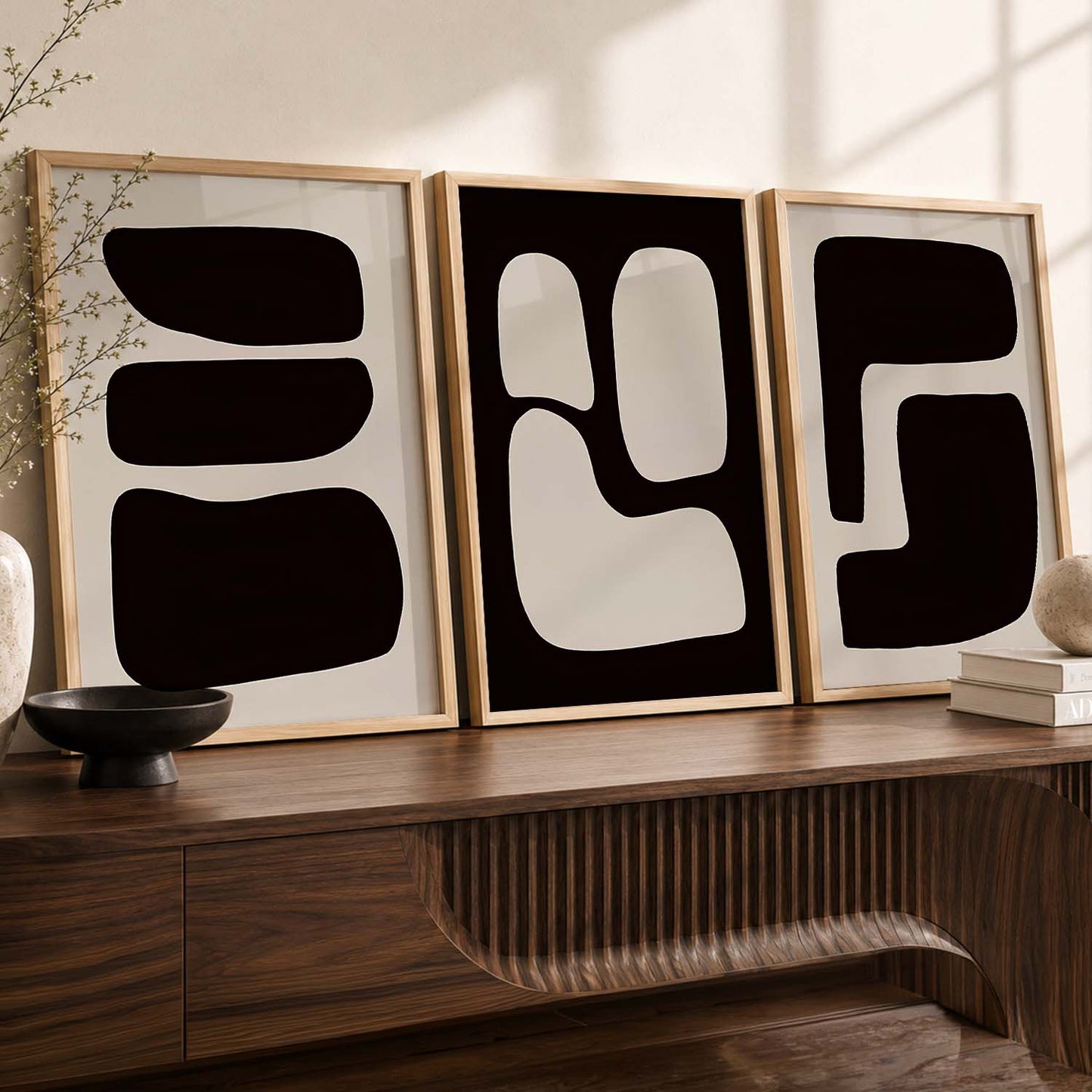 Black Cream Organic Abstract Boho Wall Art Set of 3 Framed Prints