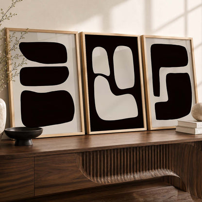Black Cream Organic Abstract Boho Wall Art Set of 3 Framed Prints