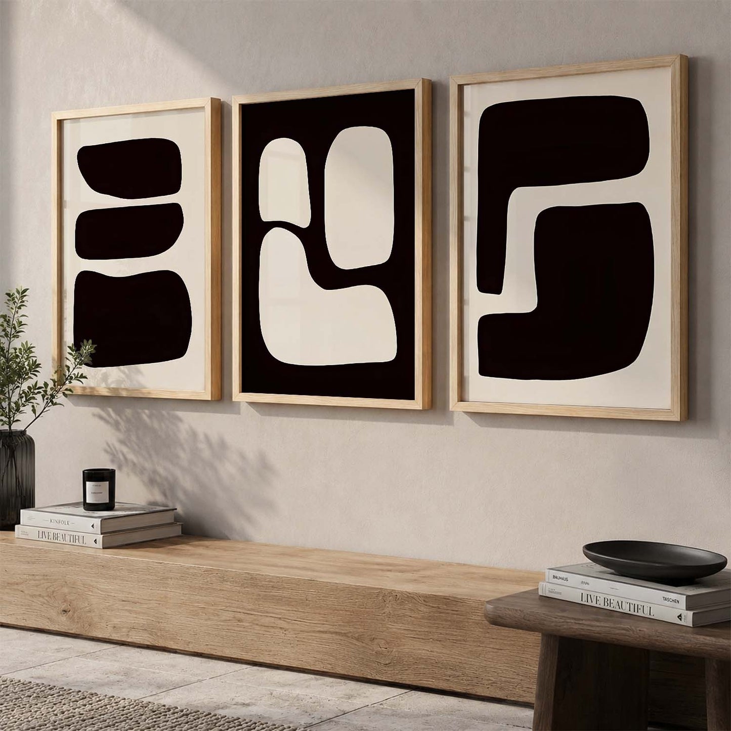 Black Cream Organic Abstract Boho Wall Art Set of 3 Framed Prints