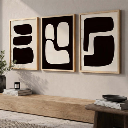 Black Cream Organic Abstract Boho Wall Art Set of 3 Framed Prints