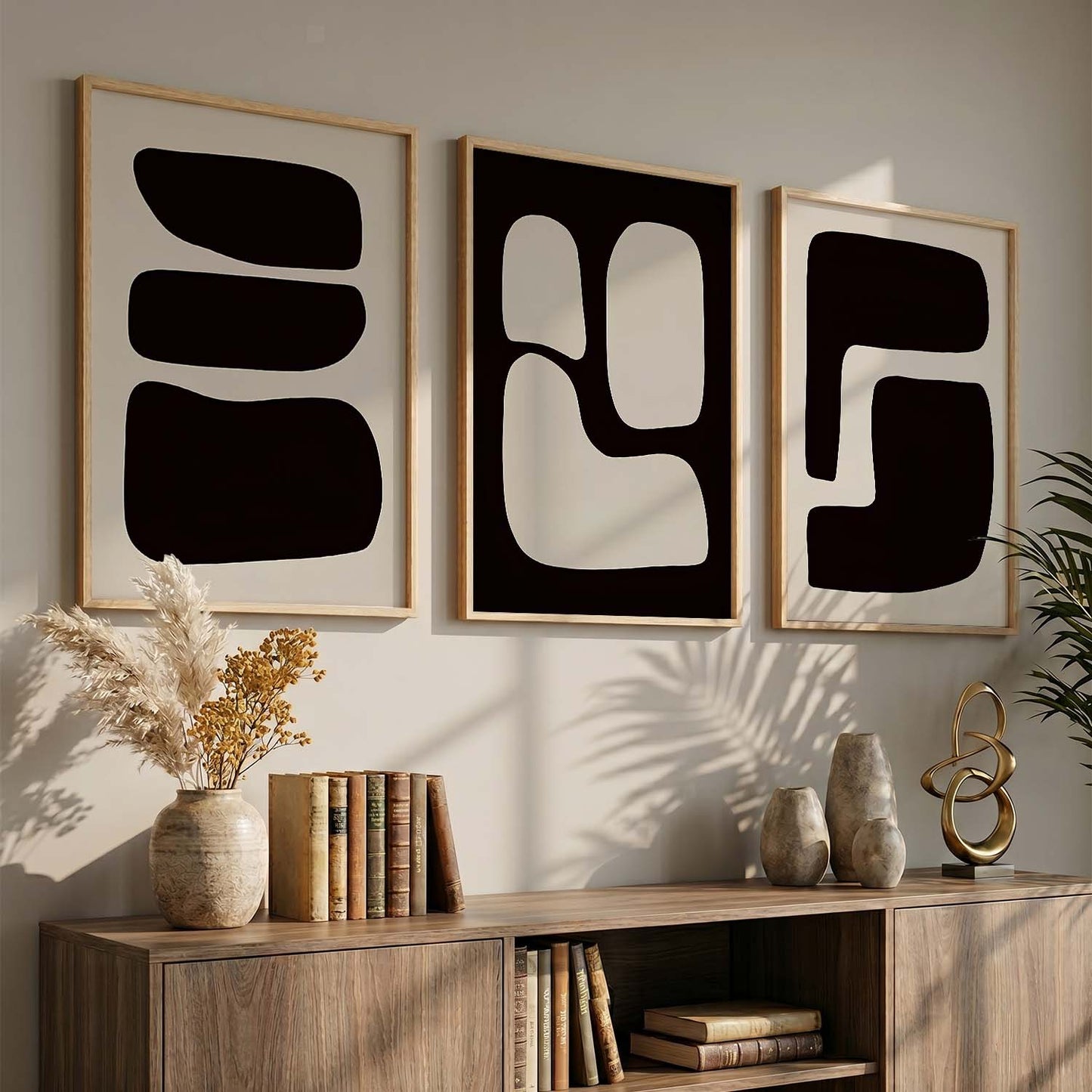 Black Cream Organic Abstract Boho Wall Art Set of 3 Framed Prints