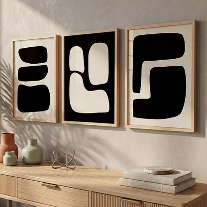 Black Cream Organic Abstract Boho Wall Art Set of 3 Framed Prints