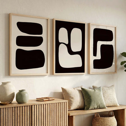 Black Cream Organic Abstract Boho Wall Art Set of 3 Framed Prints
