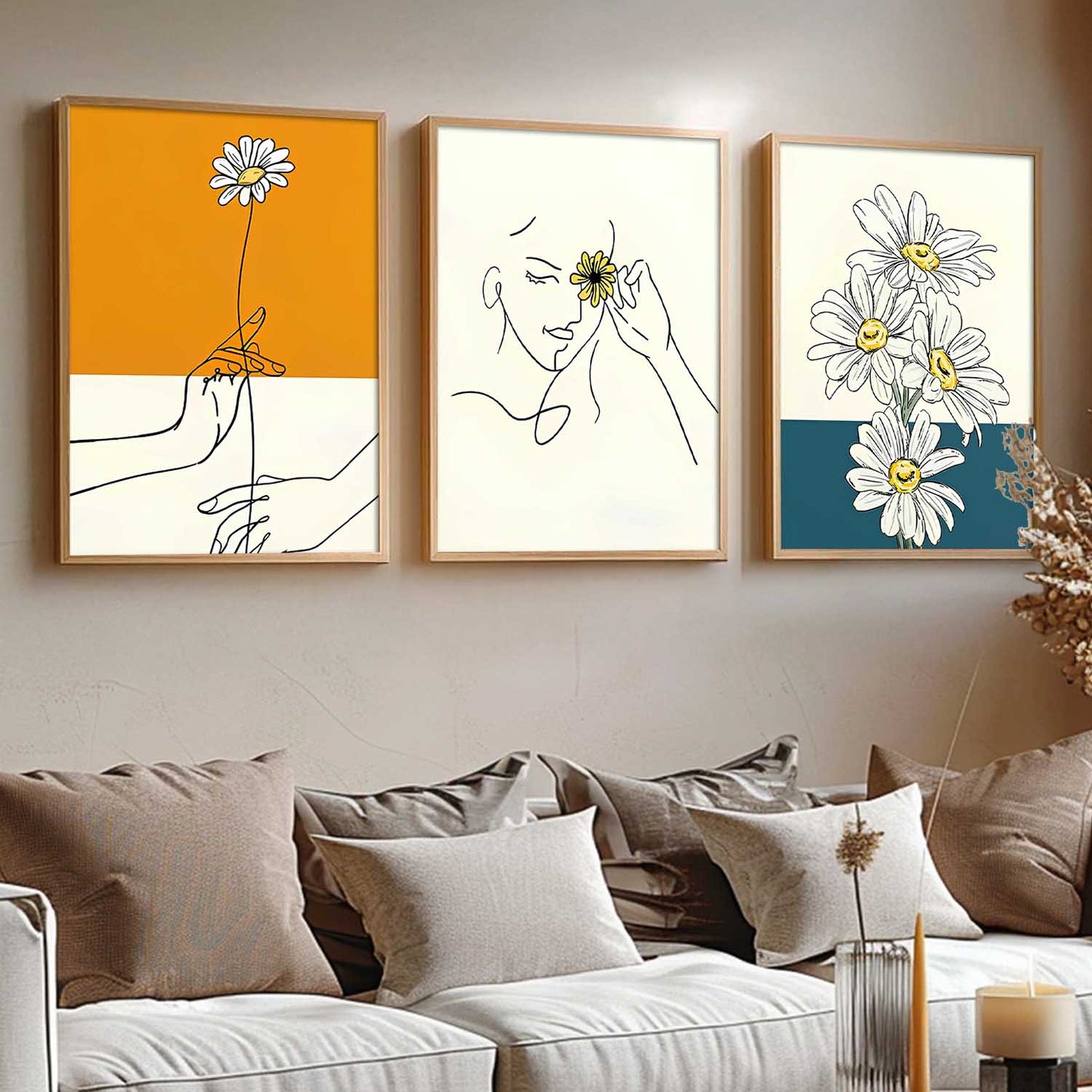 Aesthetic Line Art Home Decoration | Floral Paintings With Frame For Living Room Bed Room Hotel Wall Decor Digital Reprint