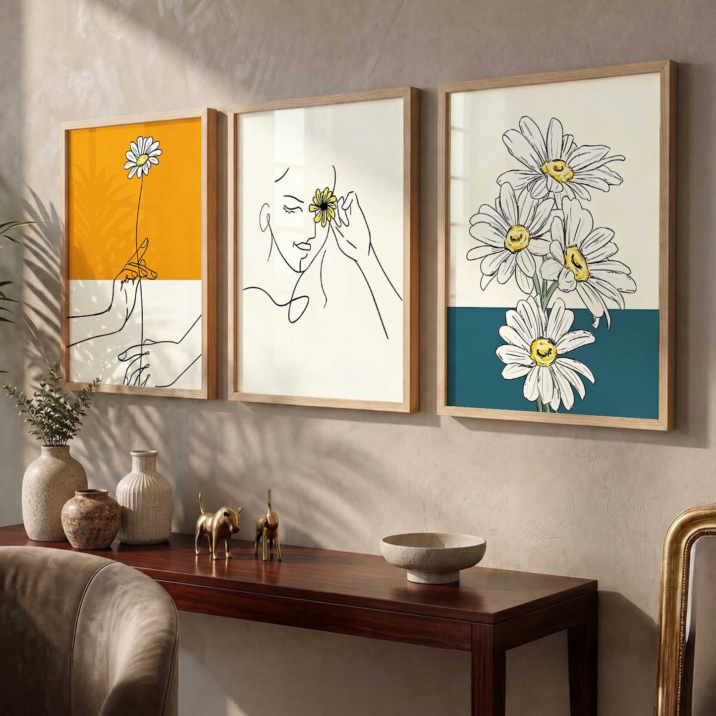 Daisy Line Art Wall Art Set of 3 Framed Prints