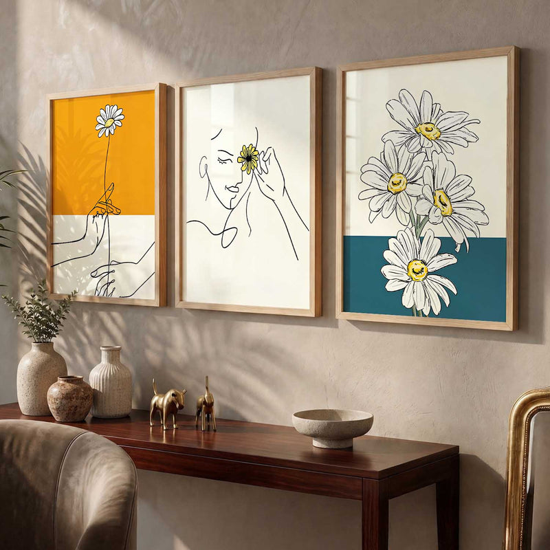 Daisy Line Art Wall Art Set of 3 Framed Prints