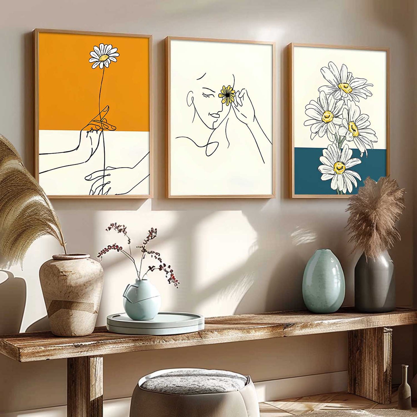 Aesthetic Line Art Home Decoration | Floral Paintings With Frame For Living Room Bed Room Hotel Wall Decor Digital Reprint