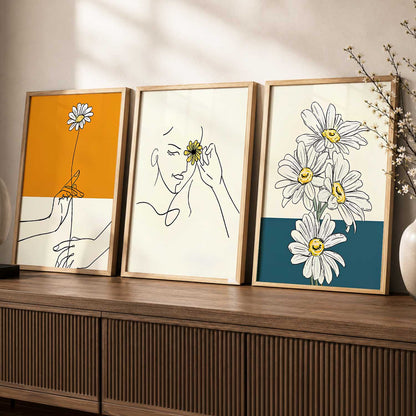 Daisy Line Art Wall Art Set of 3 Framed Prints