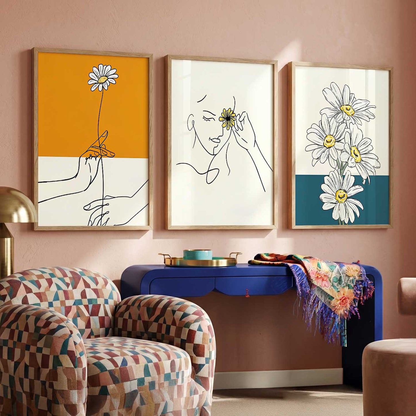 Daisy Line Art Wall Art Set of 3 Framed Prints