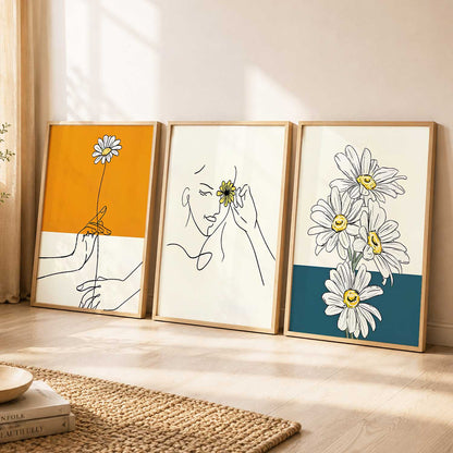 Daisy Line Art Wall Art Set of 3 Framed Prints