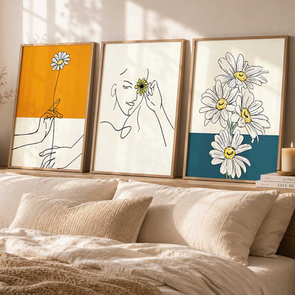 Daisy Line Art Wall Art Set of 3 Framed Prints