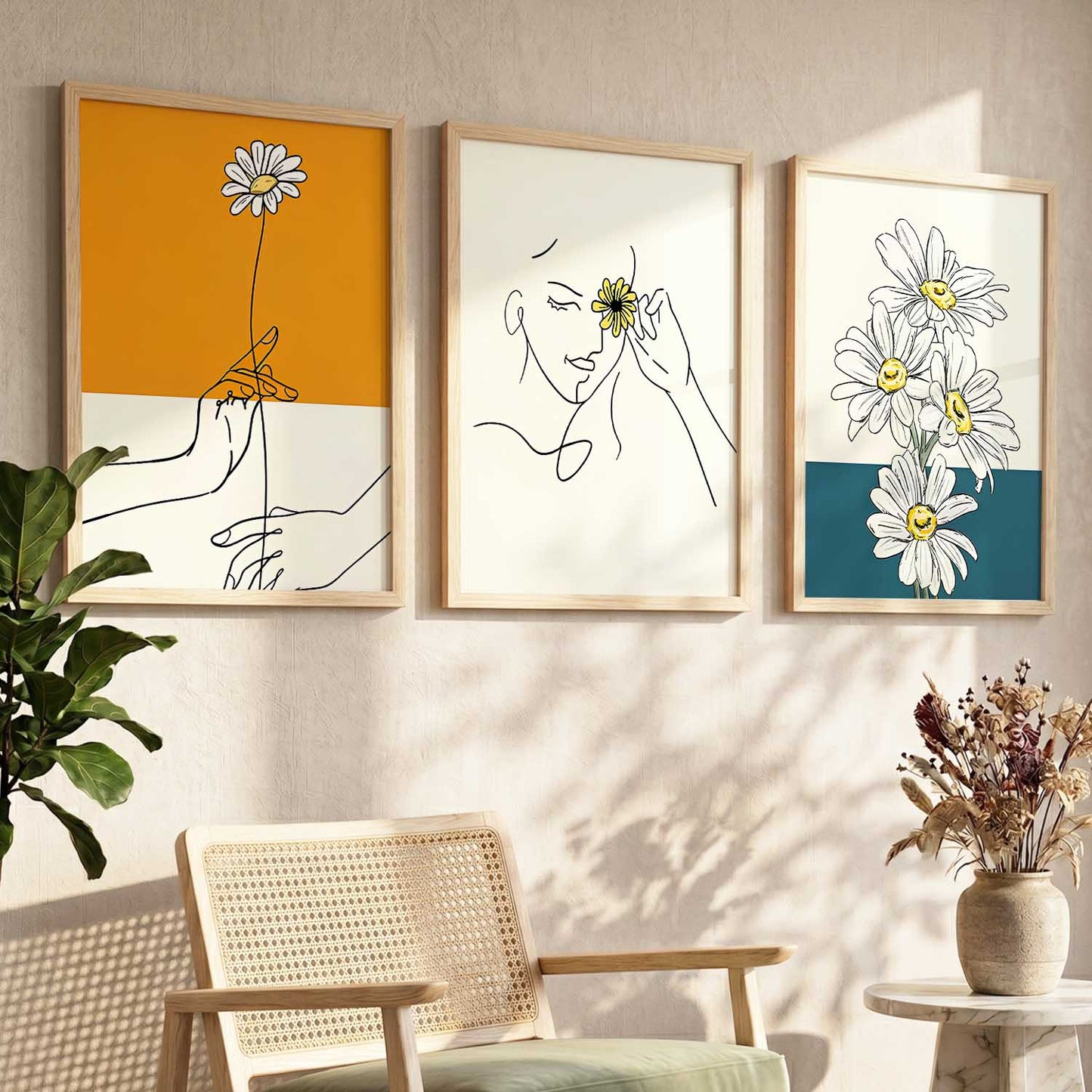 Daisy Line Art Wall Art Set of 3 Framed Prints