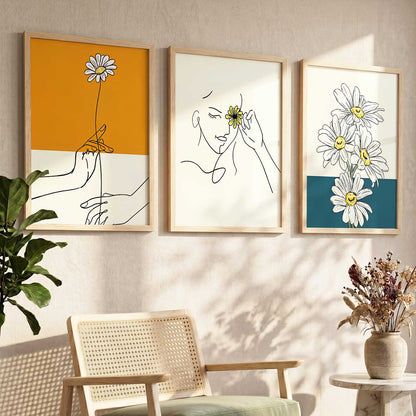 Daisy Line Art Wall Art Set of 3 Framed Prints